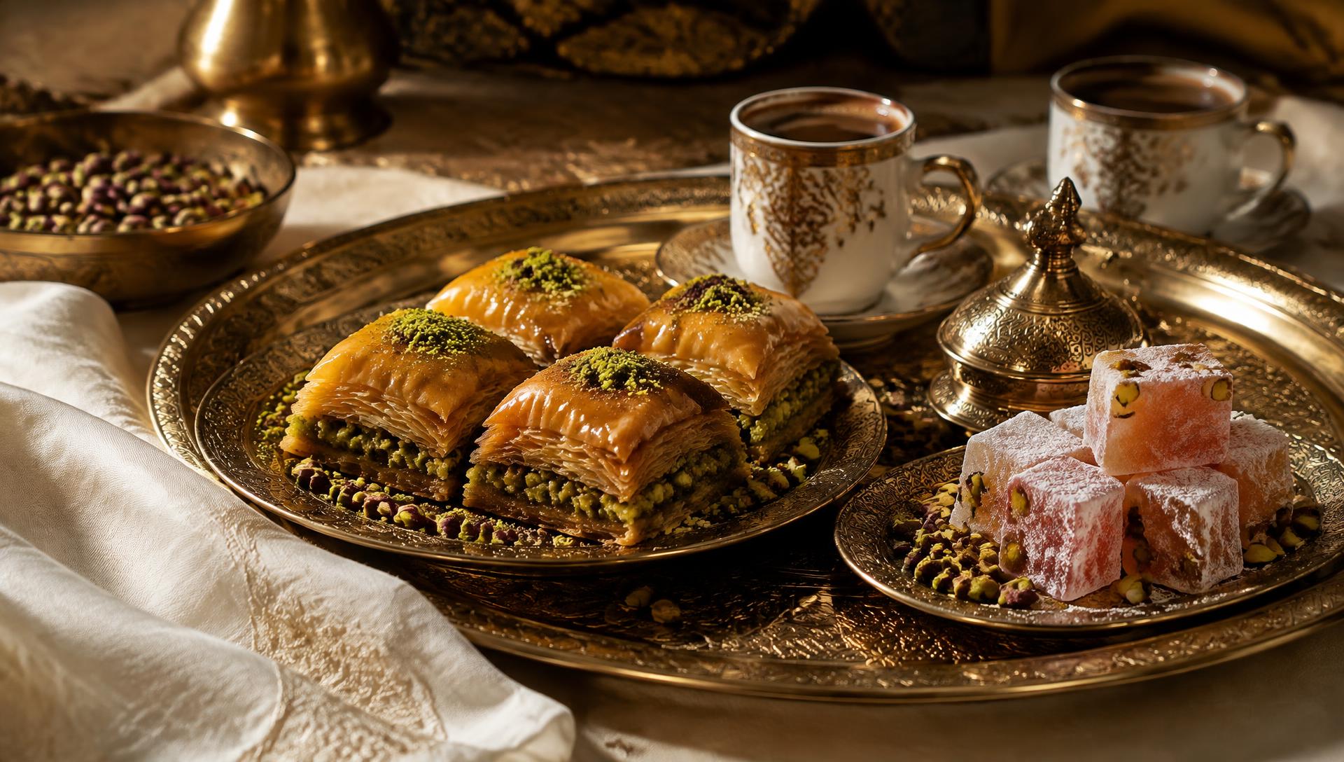Pistachebaklava en Marokkaanse koekjes op een zilveren schaal
